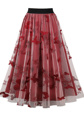 Airchics jupe longue tulle brodée femme élégant rouge